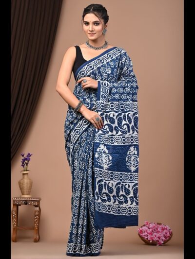 Hand Block Printed Cotton Mul Saree