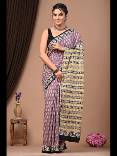 Hand Block Printed Cotton Mul Saree