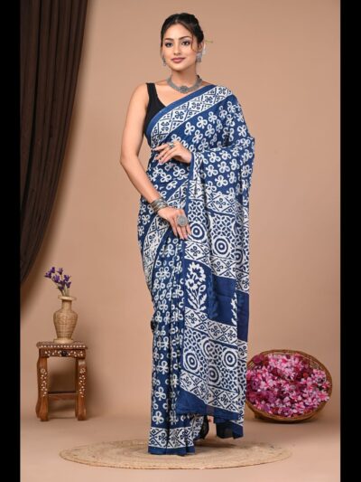 Hand Block Printed Cotton Mul Saree