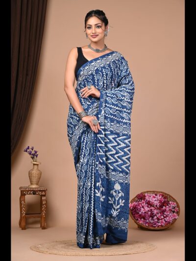 Hand Block Printed Cotton Mul Saree