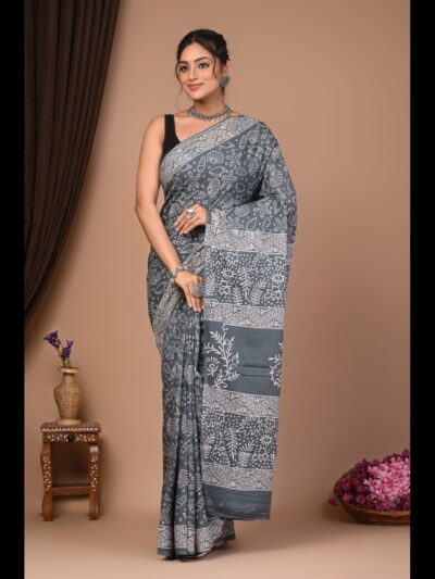 Hand Block Printed Cotton Mul Saree